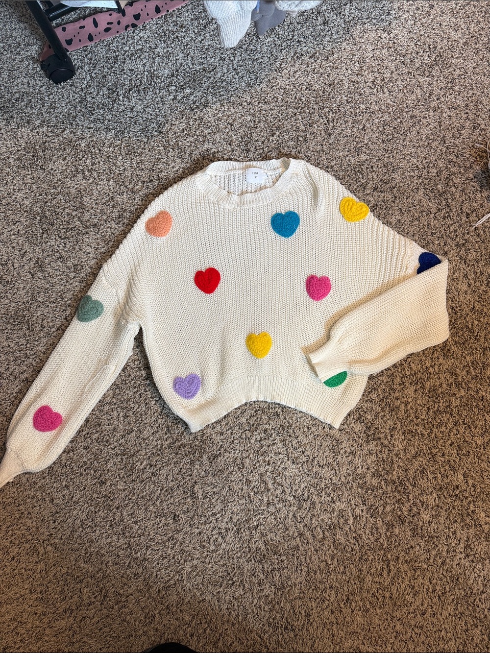 Cream Cropped Heart Patch Crewneck Sweater - Multicolor Hearts